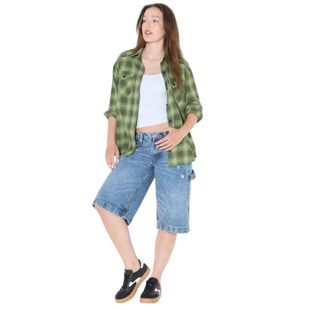 Wild Fable Women's Green Plaid Flannel Oversized‎ Button Down Shirt Size S